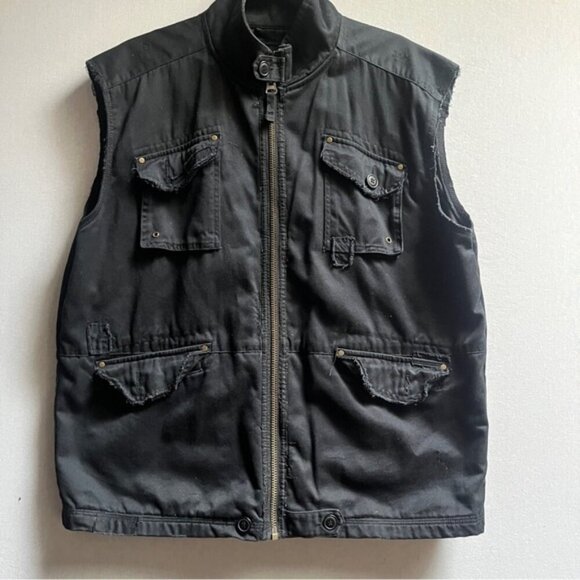 Red Squad fringe distressed black denim cotton vest Sz L - Picture 1 of 13